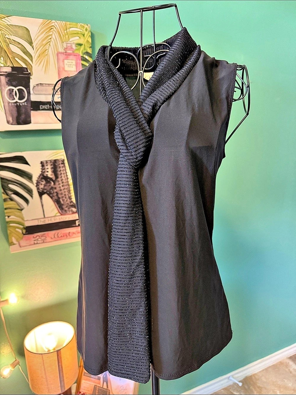 Tiffany & Grey Petite M Black Sleeveless Scarf Neck Blouse
